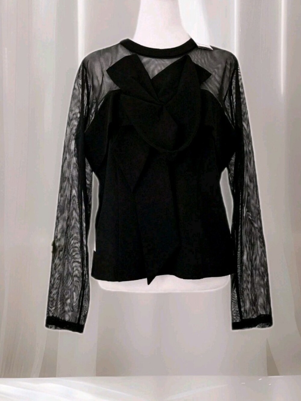 Cache Sz M Black Mesh-Sleeve Bow Front Top
